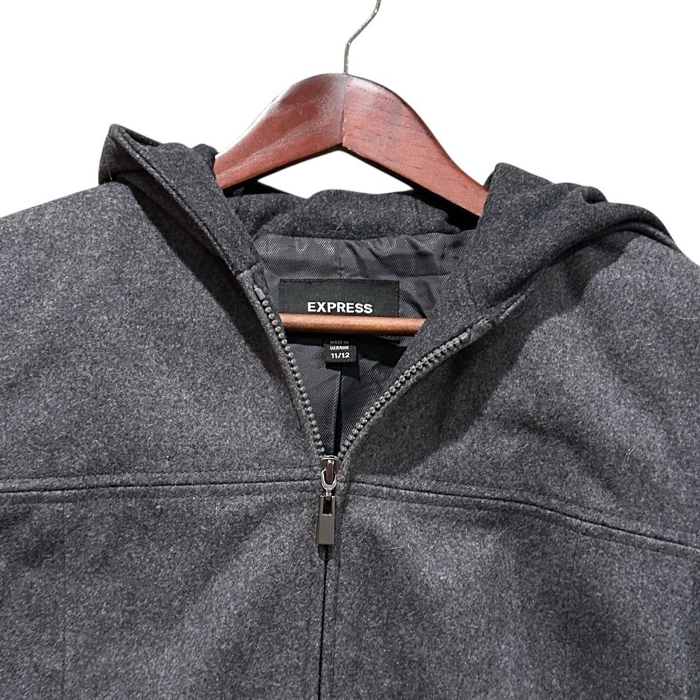 Express Coat Size 11/12 Womens Hooded Wool Jacket Dark Gray Full Zip Warm - Picture 2 of 10